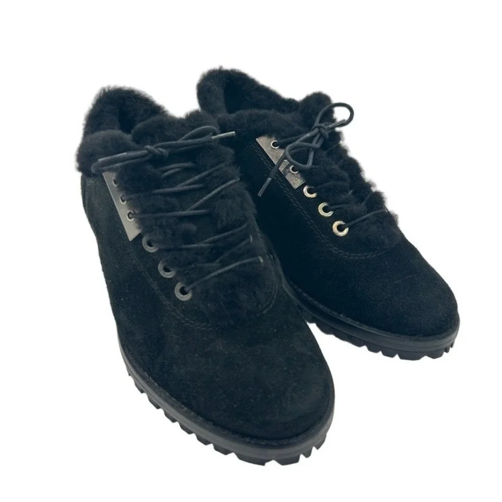 Stuart Weitzman Ankle Boots Women's Size 6 M Black Suede Shearling Wedge Spain